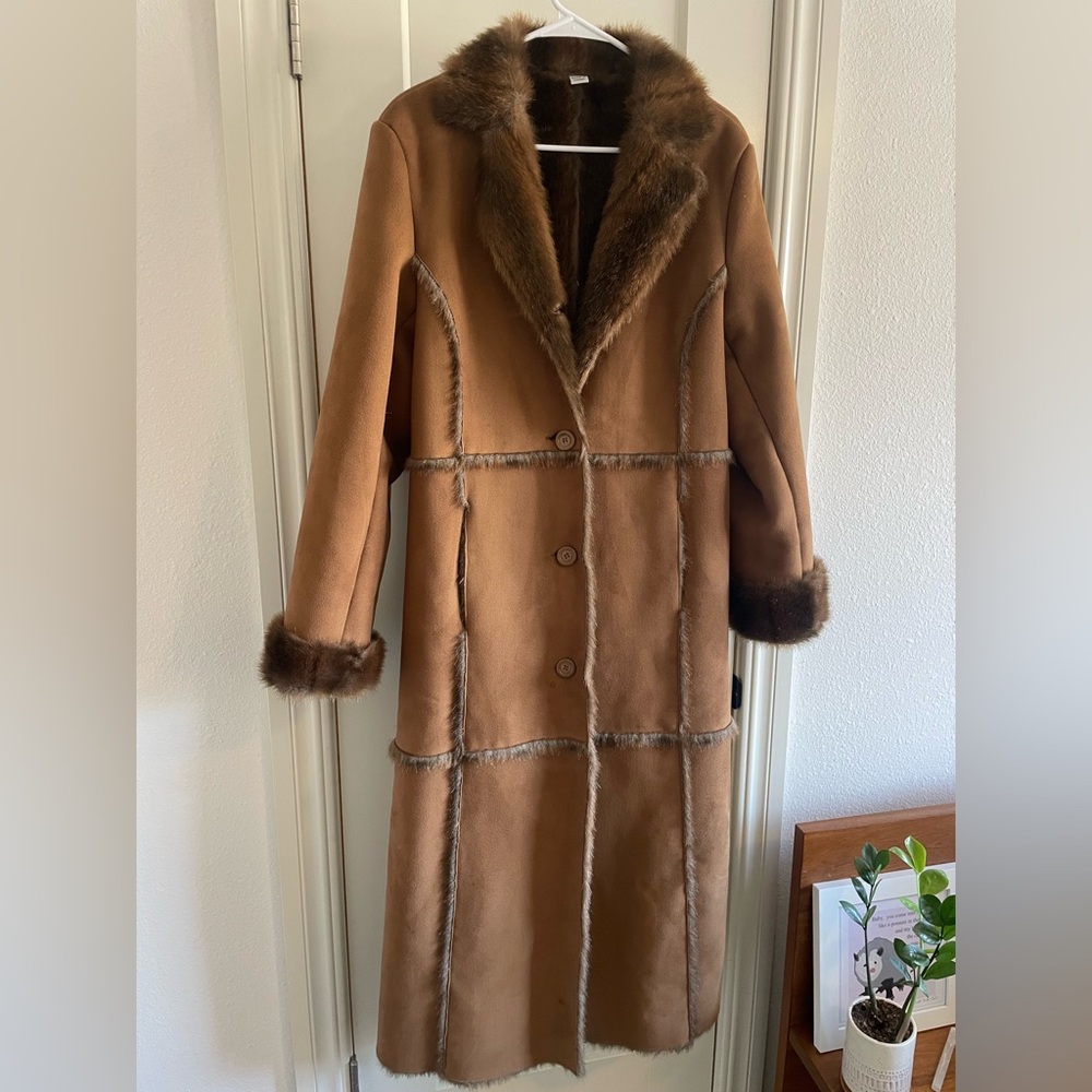 Marvin Richards - Women's Brown Faux Fur Trim Coat - Full Length